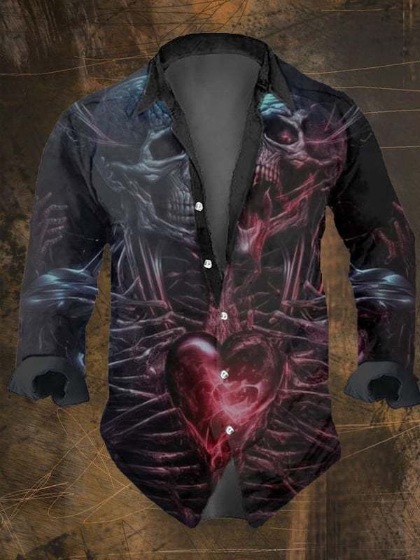 Men's Vintage Dark Skull Print Long Sleeve Shirt