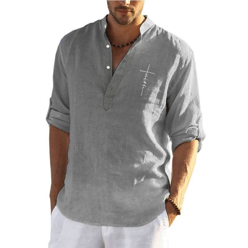 Men's Stand Collar Solid Color Casual Long Sleeve Shirt