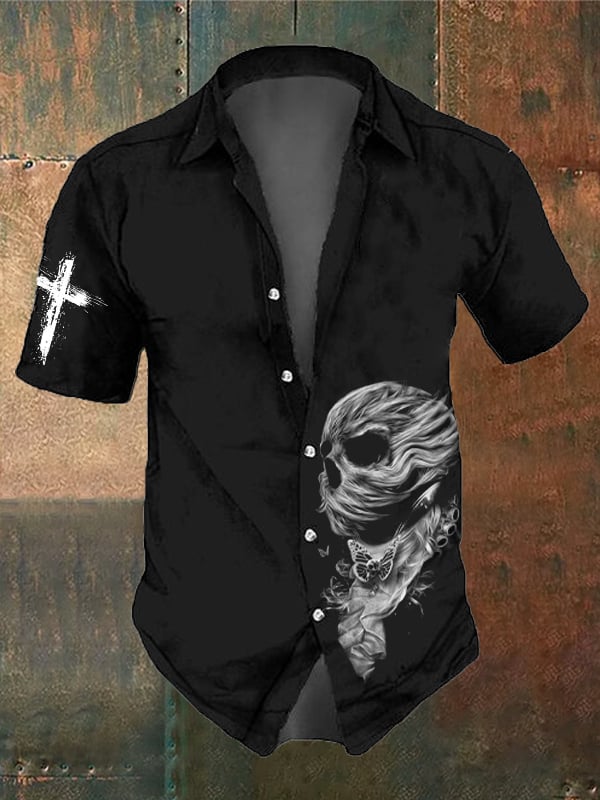 Men's Retro Dark Skull Casual Pocket Short Sleeve Shirt