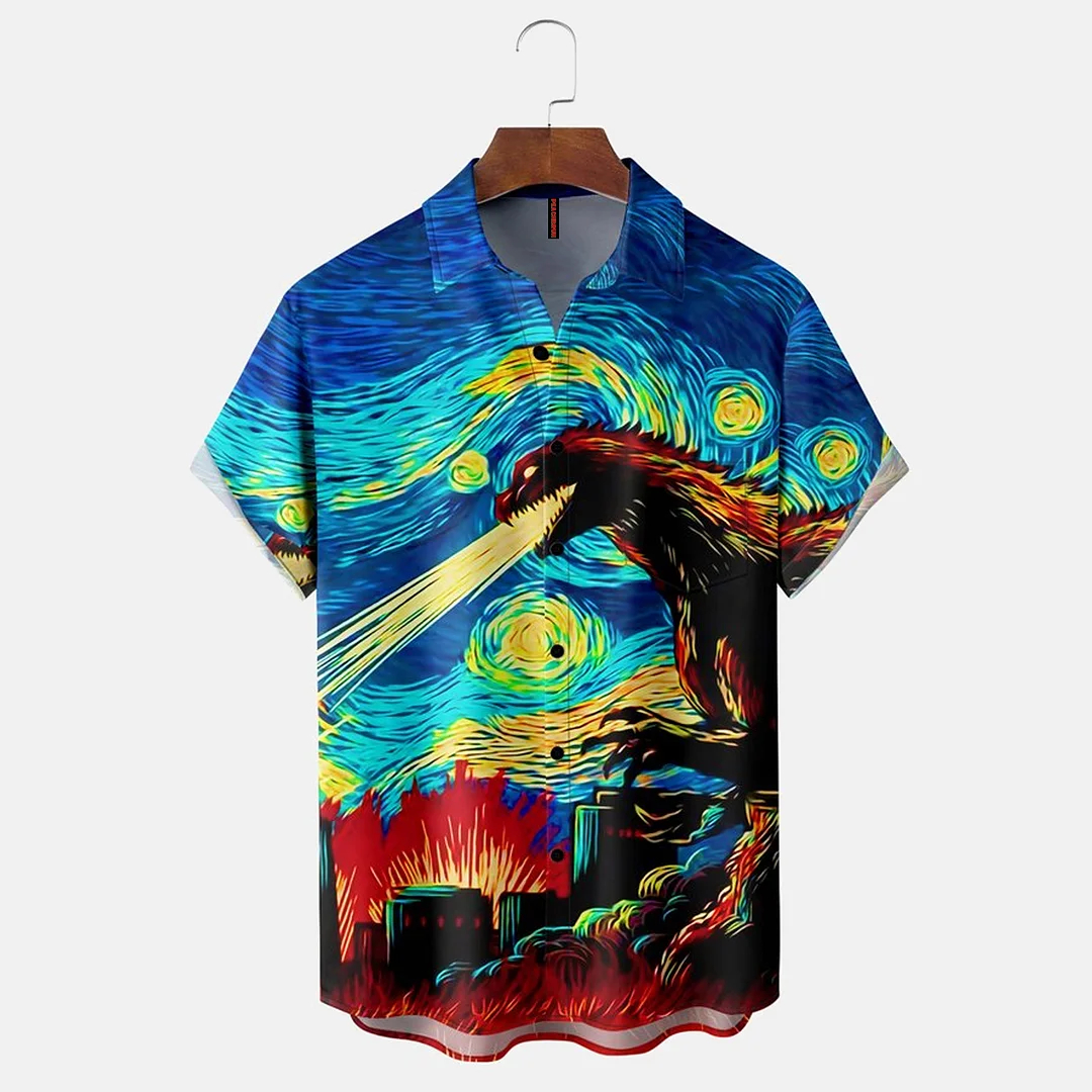 Movie Monster Print Chest Pocket Casual Short Sleeve Shirt