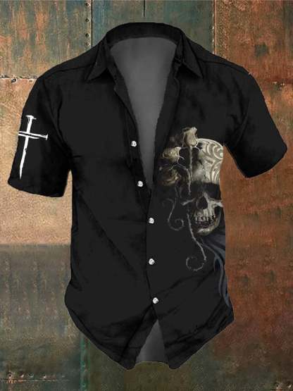 Men's Retro Dark Skull Casual Pocket Short Sleeve Shirt