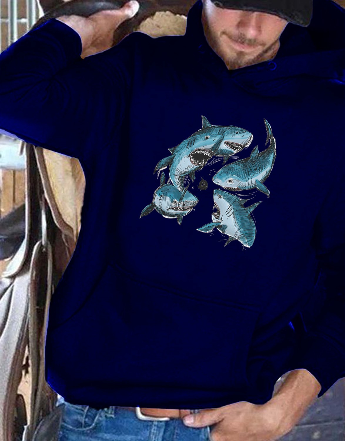 Blue Sketch Sharks Print Casual Hoodie