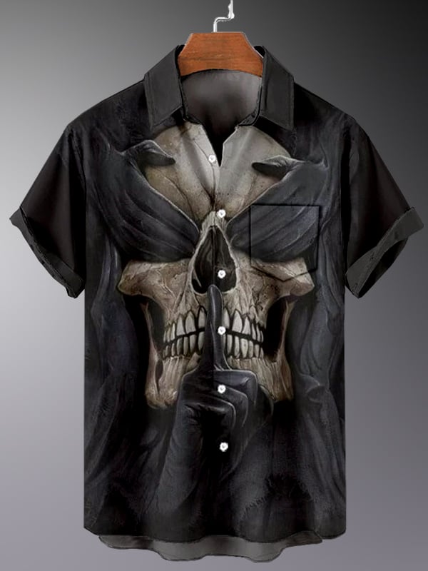 Men's Retro Dark Skull Casual Pocket Short Sleeve Shirt