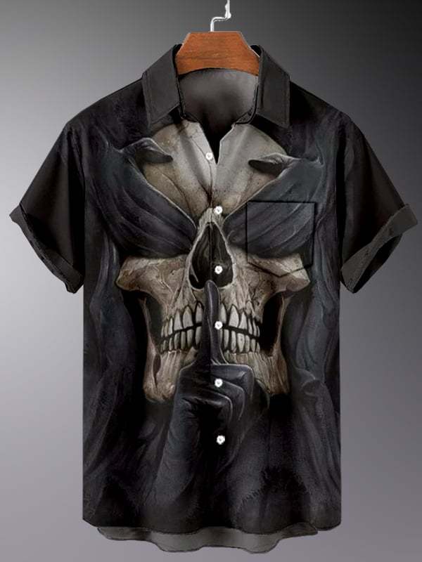 Men's Retro Dark Skull Casual Pocket Short Sleeve Shirt