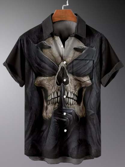 Men's Retro Dark Skull Casual Pocket Short Sleeve Shirt