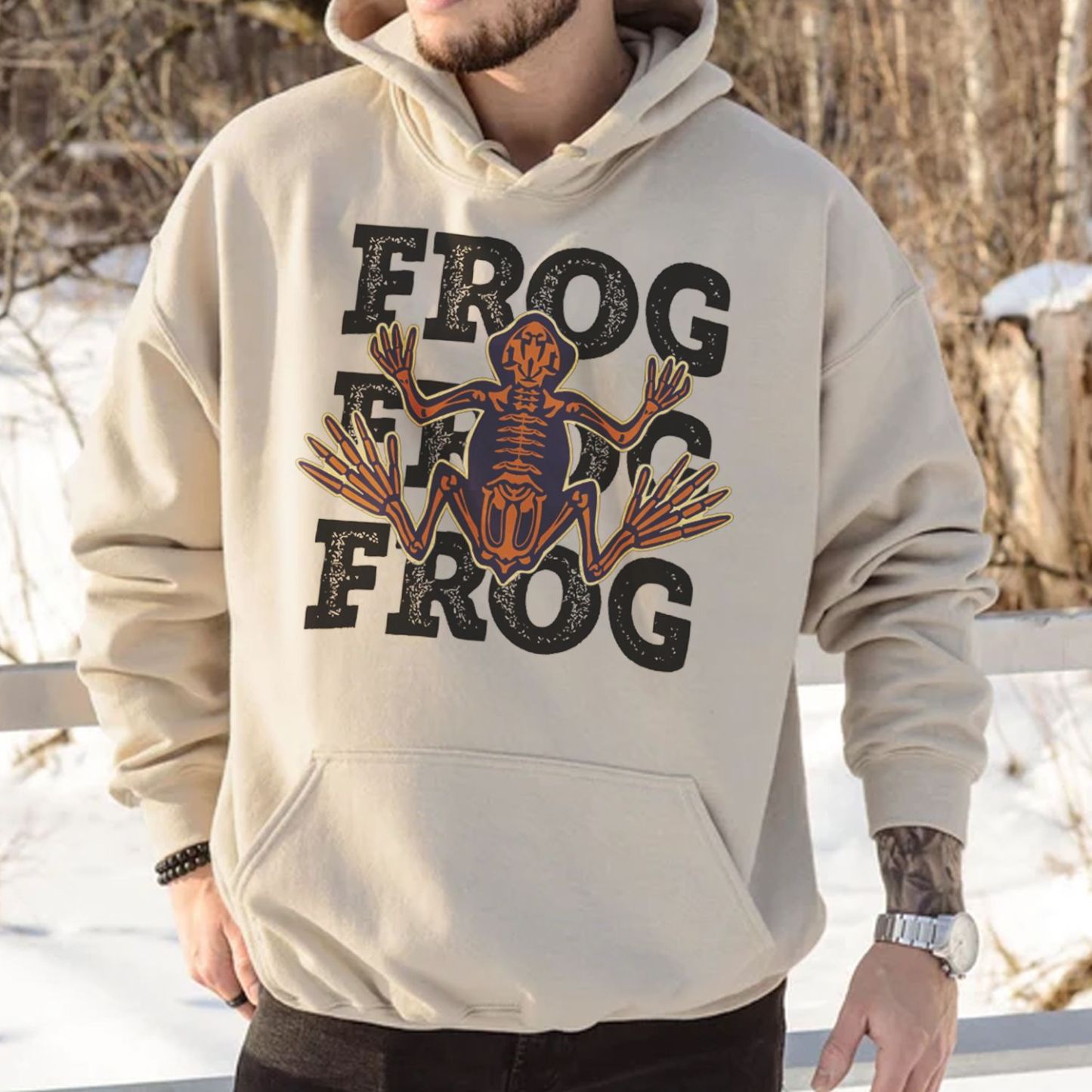 Frog Skeleton Print Casual Hoodie