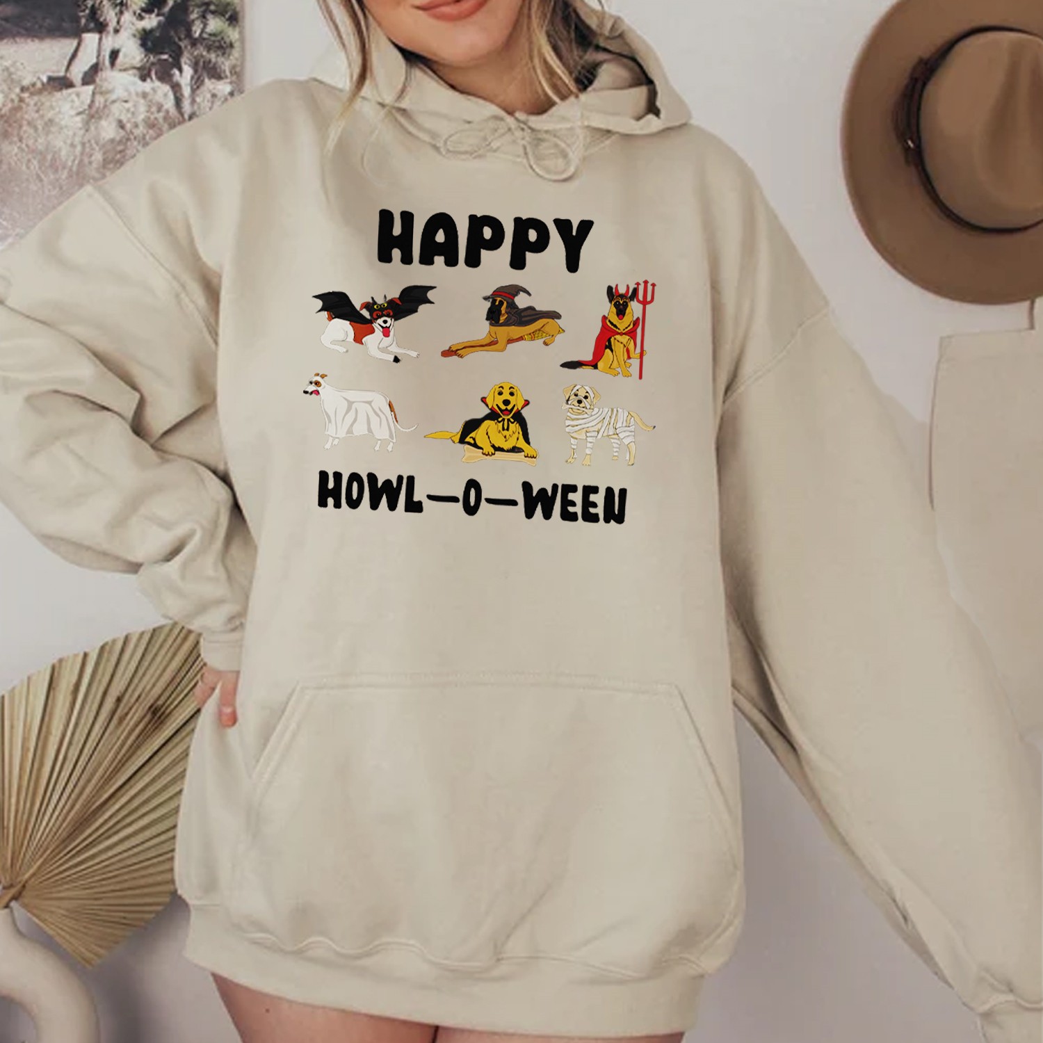 Happy Howl-O-Ween Print Casual Hoodie