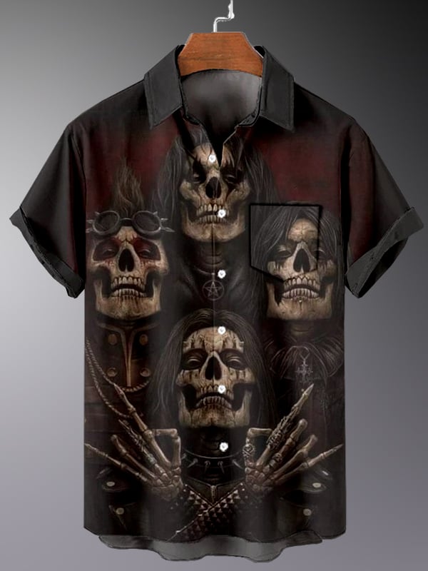 Men's Retro Dark Skull Casual Pocket Short Sleeve Shirt