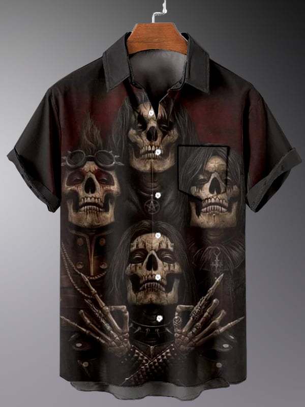 Men's Retro Dark Skull Casual Pocket Short Sleeve Shirt