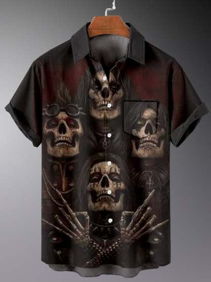 Men's Retro Dark Skull Casual Pocket Short Sleeve Shirt