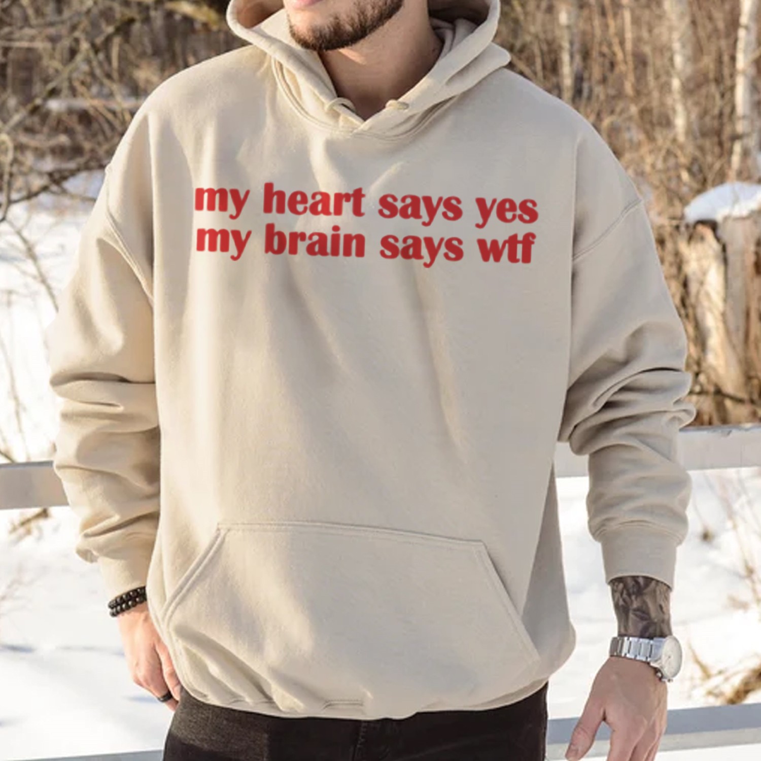 My Heart Says Yes My Brain Says WTF Print Casual Hoodie