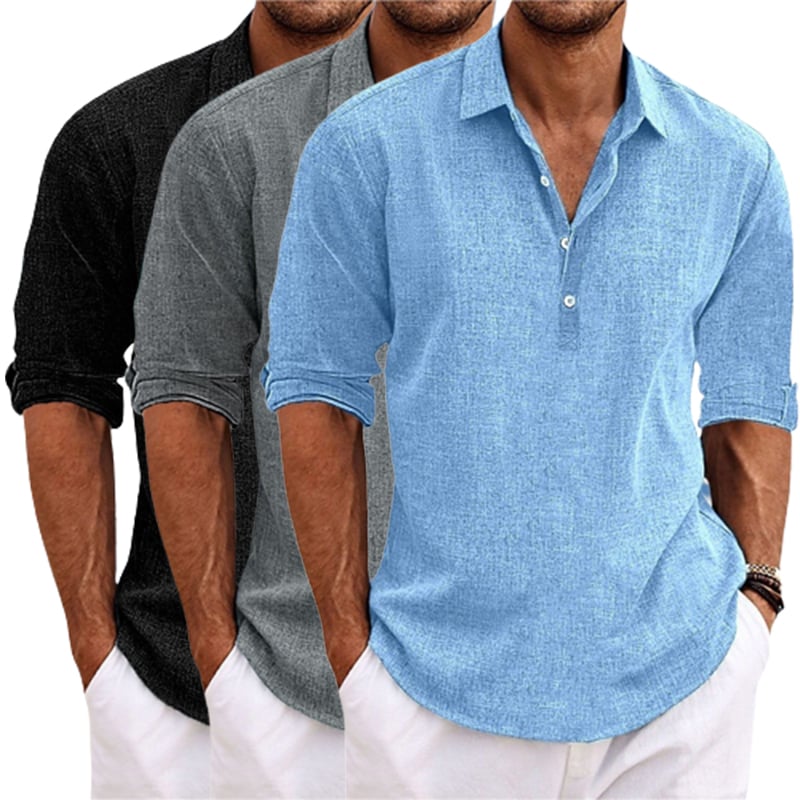 Men Solid Color Lapel Long Sleeve Cotton Linen pullover shirt
