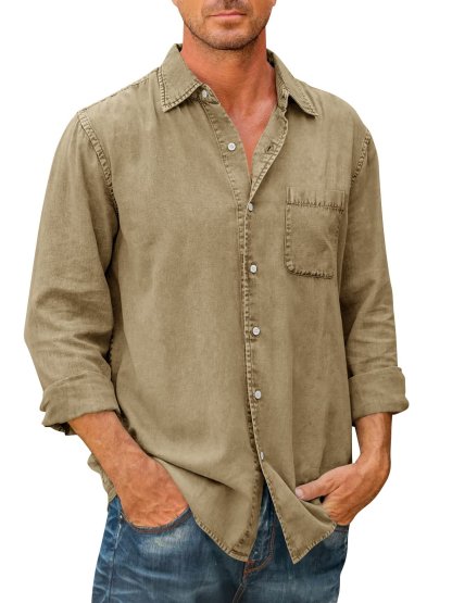 Mens Denim Long Sleeve Button Down Shirt-Buy 2 Free Shipping