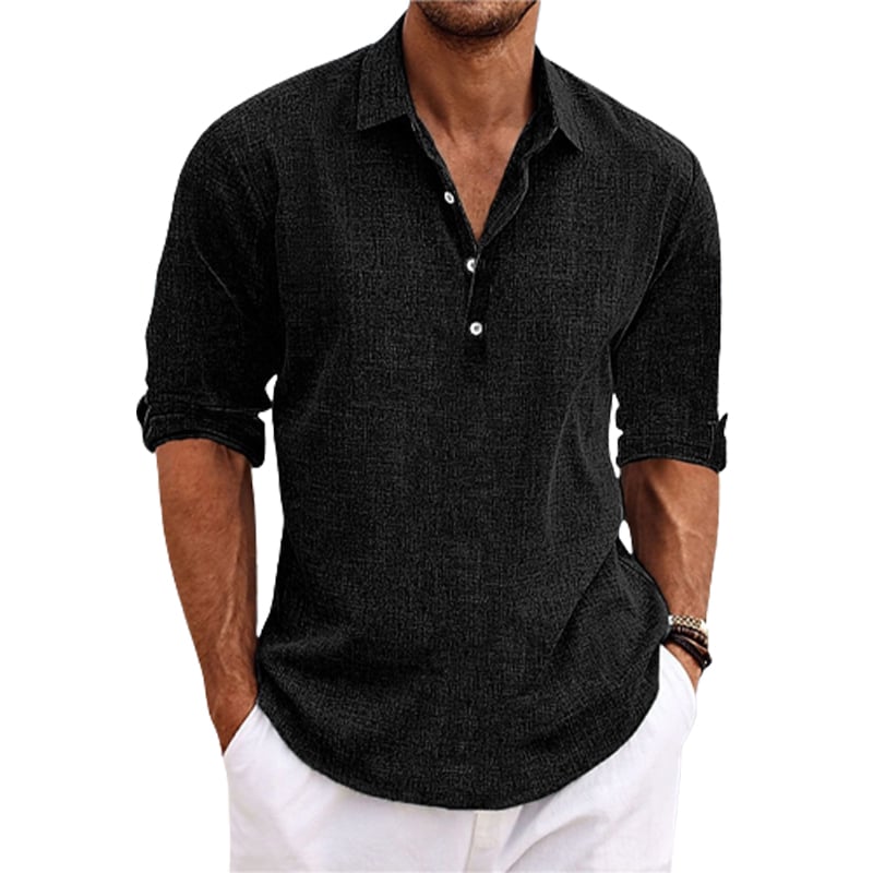 Men Solid Color Lapel Long Sleeve Cotton Linen pullover shirt
