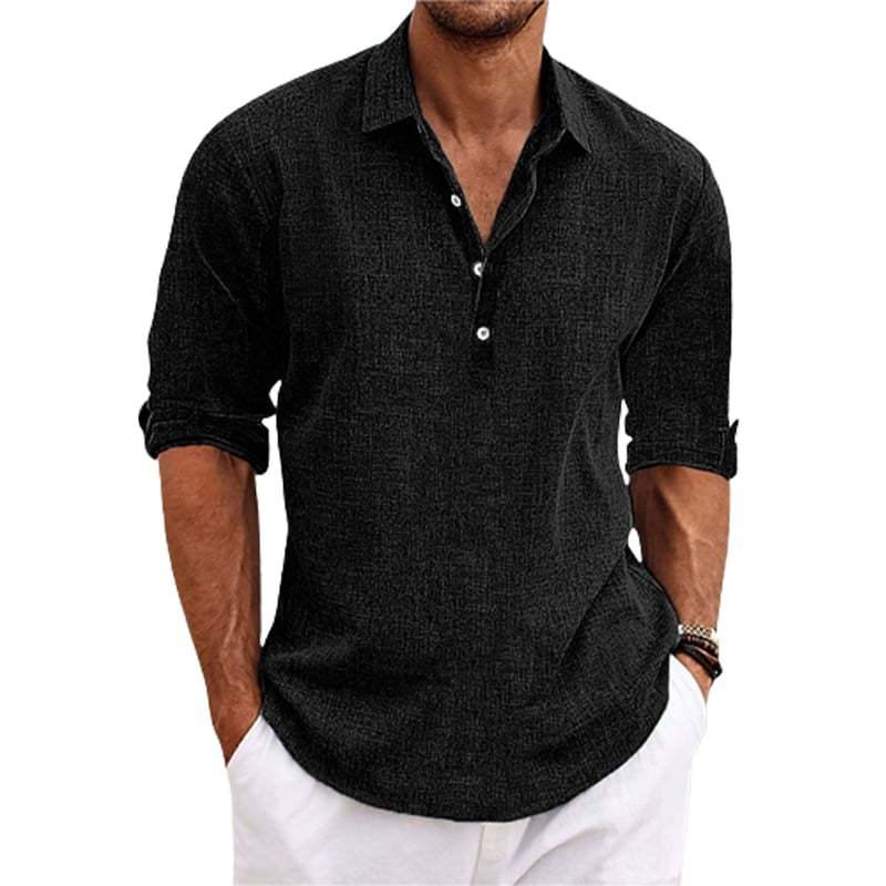 Men Solid Color Lapel Long Sleeve Cotton Linen pullover shirt