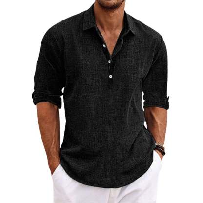 Men Solid Color Lapel Long Sleeve Cotton Linen pullover shirt