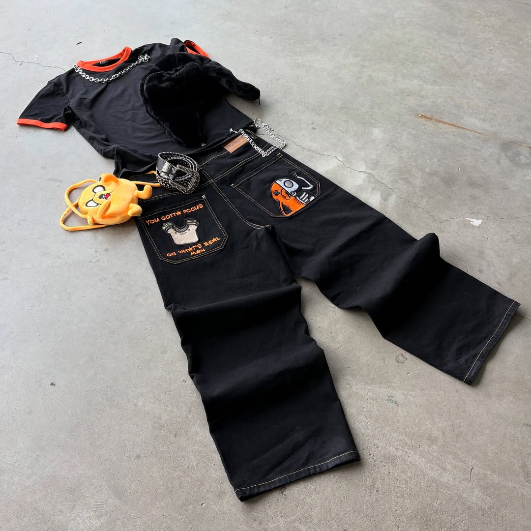 Cartoon embroidered jeans