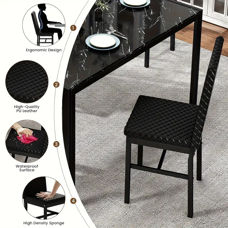 Conjunto de mesa de comedor de 5 piezas de estilo moderno y  , conjunto de   de 5 piezas con tapa de vidrio templado, marco de metal y sillas de comedor tapizadas en cuero sintético, conjunto de mesa de comedor para desayunar   de mostrador para 4 personas en espacios pequeños detalles 6