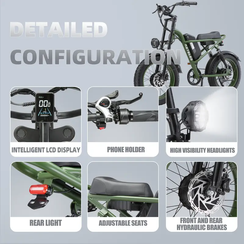 Bicicleta eléctrica   de 20   con neumáticos gruesos - Motor dual sin escobillas de 170NM, batería removible de 48V 23Ah 1104WH, velocidad   de  /h, ideal para entusiastas  , camping y cruceros en   detalles 4