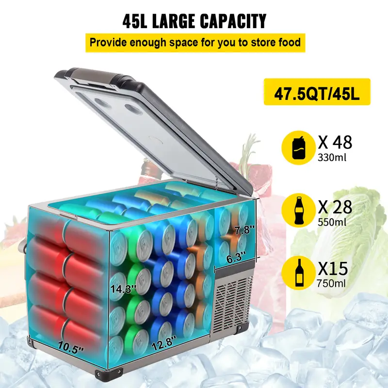 48 quart 45 cooling portable freezer with app control 12 volt car fridge 110 240v ac semiconductor operation square shape independent mounting no battery required for camping and home use black details 2