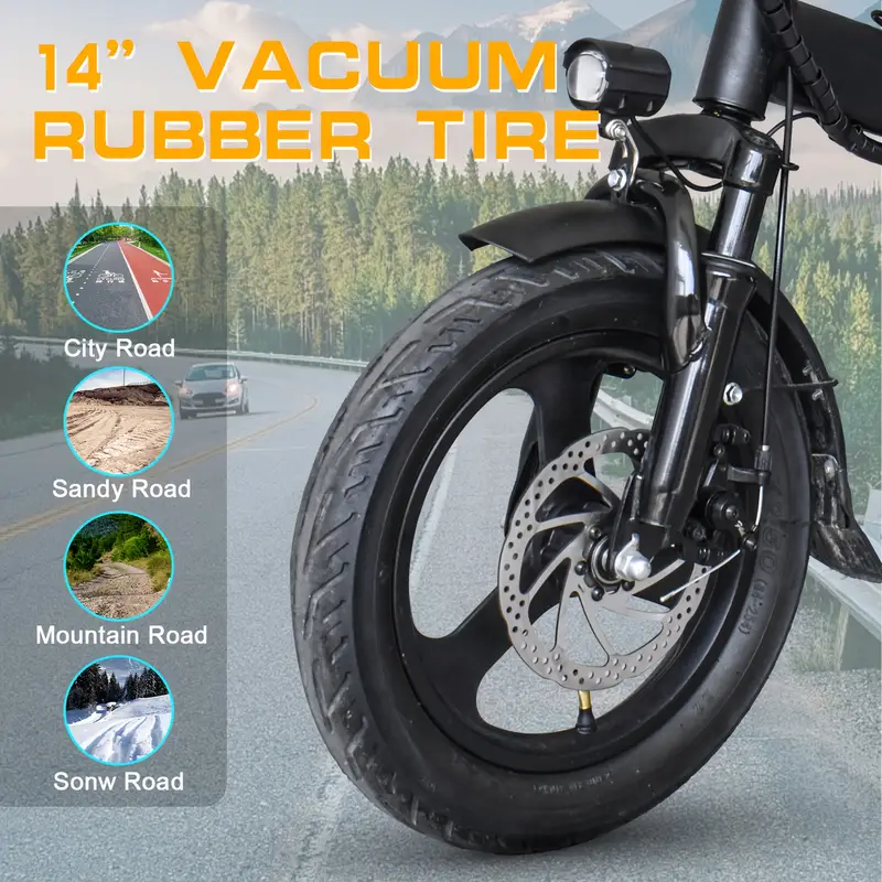 Bicicletas eléctricas plegables para adultos, motor de 400 W, velocidad de 20 MPH, neumático de 14, batería extraíble de 10 AH para bicicleta eléctrica, absorción de múltiple, viajero , luces de de izquierda y derecha, , soporte para botella de agua, canasta detalles 4