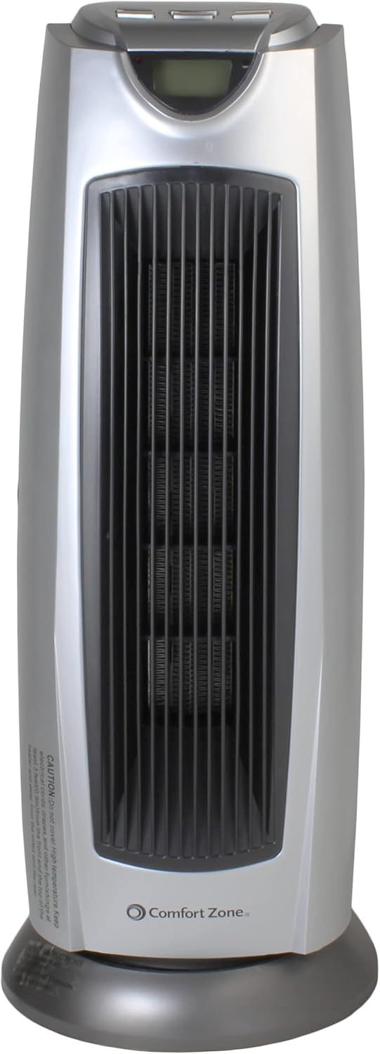 Comfort Zone CZ499R Calentador de torre de cerámica oscilante de 1500 W con control remoto, oscilación de 90 grados, termostato digital retroiluminado con visualización de temperatura, temporizador y sensor de sobrecalentamiento integrado