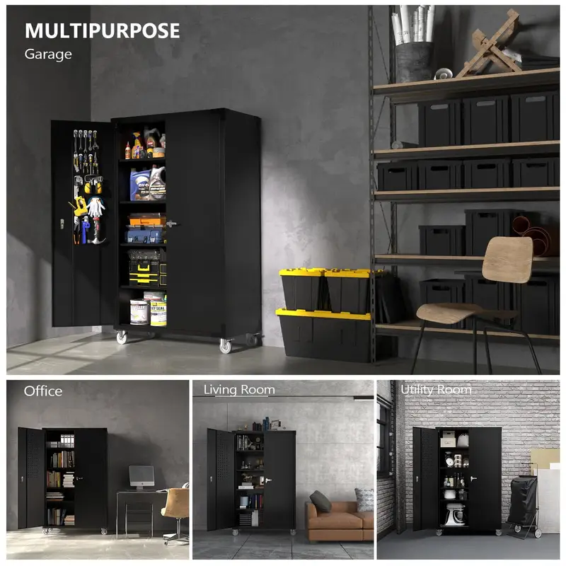 wide storage cabinet metal storage cabinet with pegboards wheels locking doors and adjustable shelves gray 43w x 20d x 72h details 4