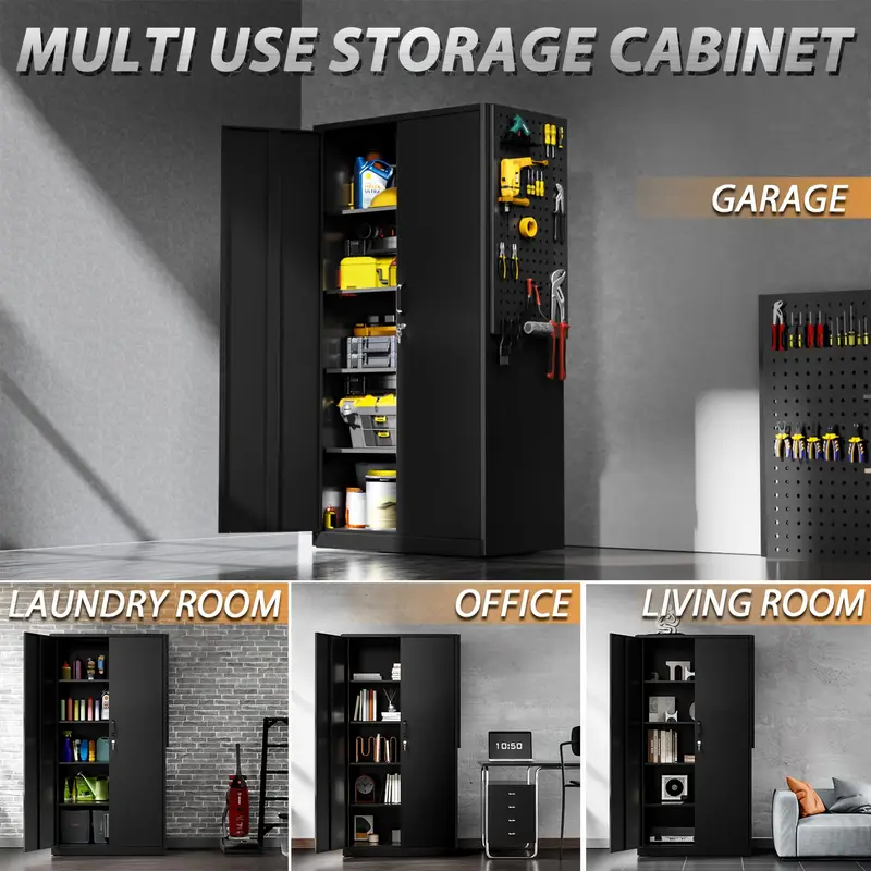 Armario de Almacenamiento de Acero   Resistencia para Garaje con Puertas con Cerradura y Portaherramientas Lateral - 71H x 31.5W x 11.8D, Estilo  , Organizador de Pie para Herramientas y Equipo, Ideal para   en Casa, Almacén, Sótano detalles 4