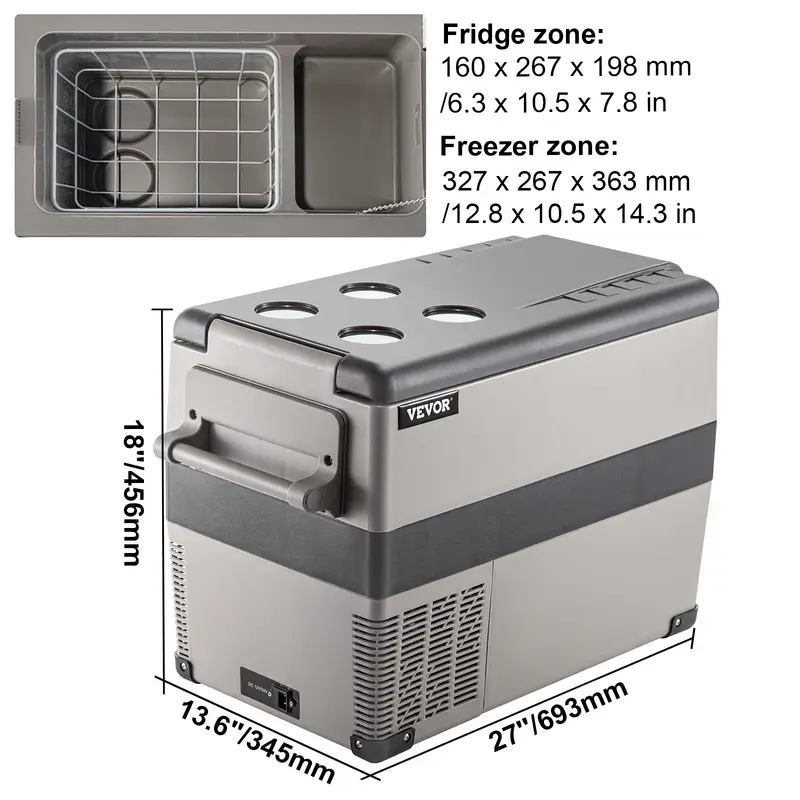 48 quart 45 cooling portable freezer with app control 12 volt car fridge 110 240v ac semiconductor operation square shape independent mounting no battery required for camping and home use black details 7