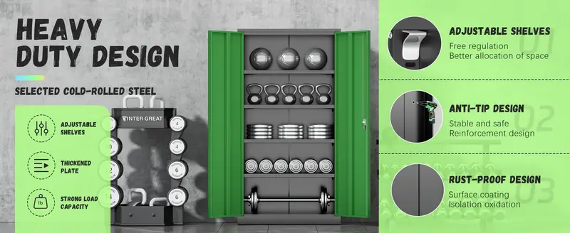Gabinete de almacenamiento de metal, gabinete de almacenamiento con cerradura de 72 con y 4 estantes ajustables, gabinete de herramientas de acero con cerradura para el hogar, , el almacén, (negro verde) detalles 5