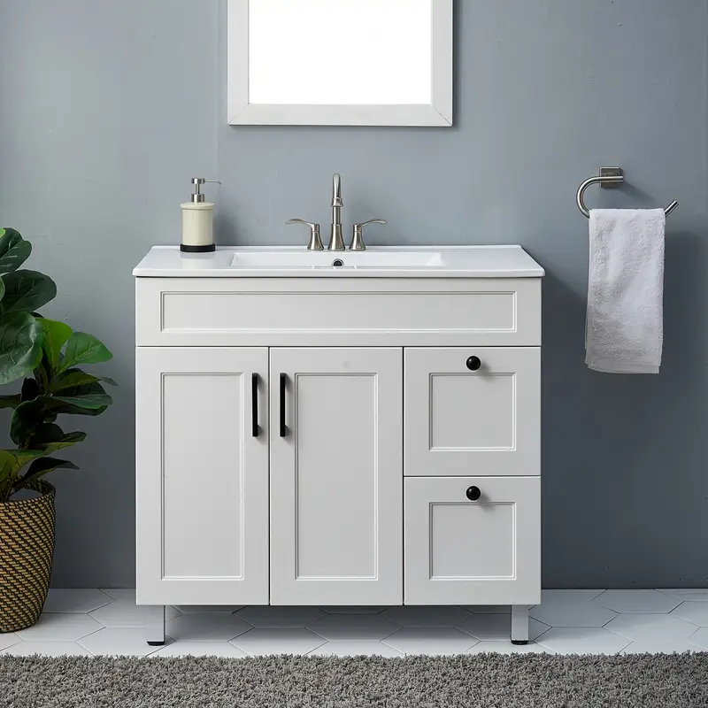 36 bathroom vanity with sink combo white bathroom vanity cabine with ceramic sink freestanding   countertop metal handles 2 bathroom drawers 2 soft closing doors white details 0