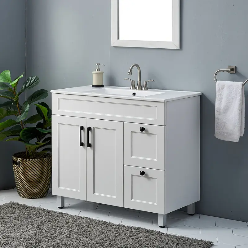 36 bathroom vanity with sink combo white bathroom vanity cabine with ceramic sink freestanding   countertop metal handles 2 bathroom drawers 2 soft closing doors white details 1