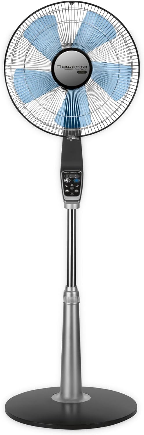 Rowenta Turbo Silence Standing Floor Fan with Remote 53 Inches Ultra Quiet Fan Oscillating, Portable, 5 Speeds, Indoor, Refresh Up to 23-Feet VU5670,Silver