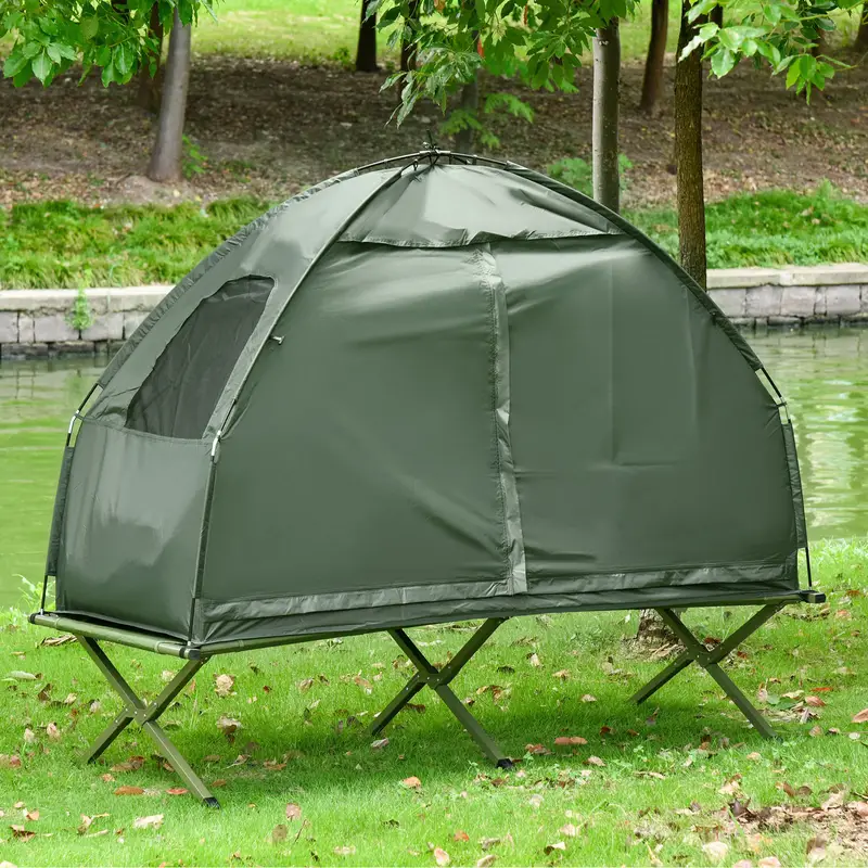 Cama de camping plegable multifuncional para adultos , tienda elevada con bolsa de dormir, colchón de aire grueso, cama de dormir portátil para un solo adulto detalles 2