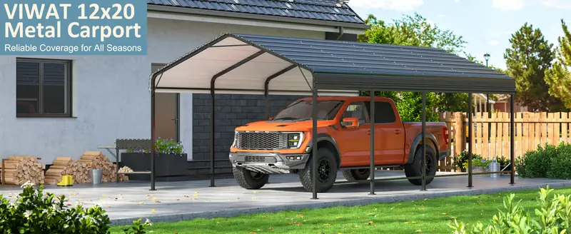 Carport de metal de 12x20 FT con base mejorada, garaje al aire libre resistente para camiones, barcos, autos y tractores, con estante galvanizado para protección de vehículos detalles 0