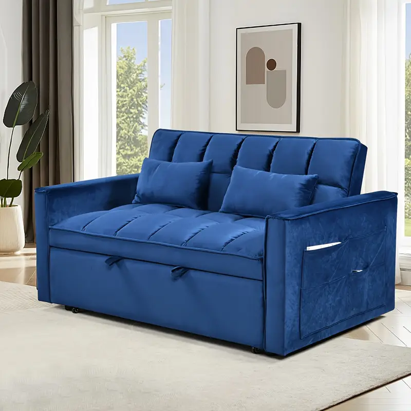 diván cama de terciopelo 3-en-1 con respaldo ajustable, bolsillos y cojines - sofá cama moderno para salón o dormitorio, salón contemporáneo|peluza elegante|apoyabrazos acolchados, sofá cama futón detalles 3