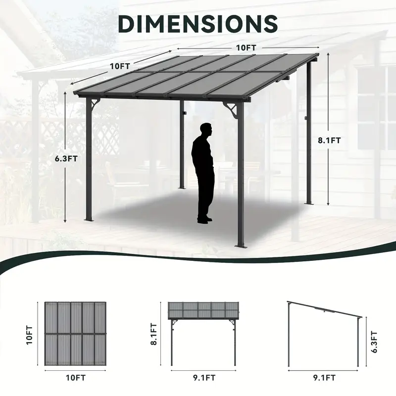 10 x 10 wall mounted gazebo outdoor pergola with sloped roof heavy duty patio awning for porch deck and backyard details 4
