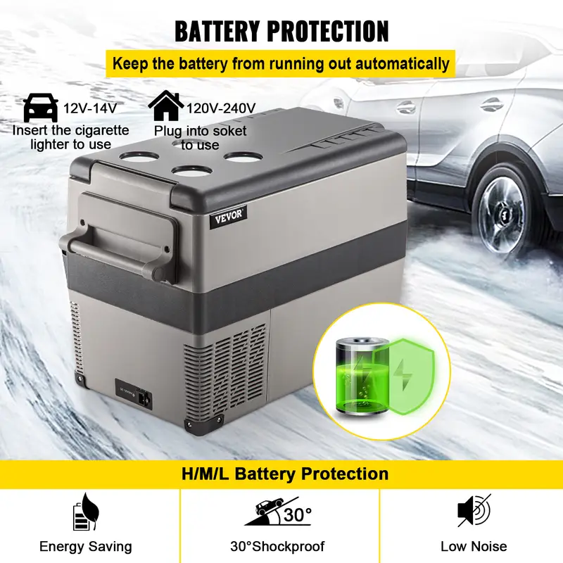 48 quart 45 cooling portable freezer with app control 12 volt car fridge 110 240v ac semiconductor operation square shape independent mounting no battery required for camping and home use black details 5