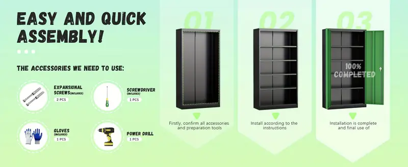 Gabinete de almacenamiento de metal, gabinete de almacenamiento con cerradura de 72 con y 4 estantes ajustables, gabinete de herramientas de acero con cerradura para el hogar, , el almacén, (negro verde) detalles 4