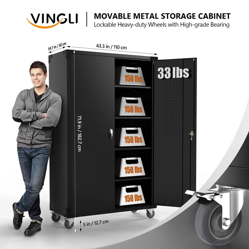 wide storage cabinet metal storage cabinet with pegboards wheels locking doors and adjustable shelves gray 43w x 20d x 72h details 1