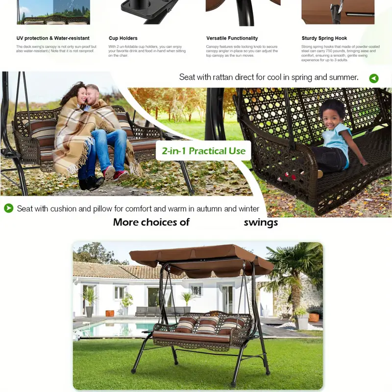 3 seat proch swing chair patio swing with canopy 2 side trays 3 pillows removable cushion patio wicker swing with stand outdoor swings for adults balcony garden deck details 1