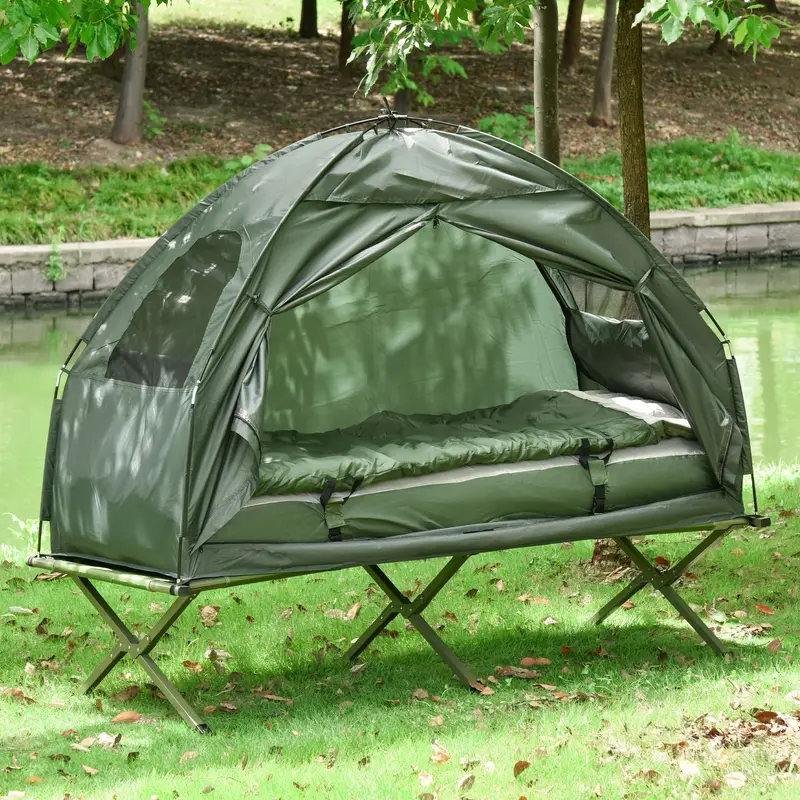 Cama de camping plegable multifuncional para adultos , tienda elevada con bolsa de dormir, colchón de aire grueso, cama de dormir portátil para un solo adulto detalles 0