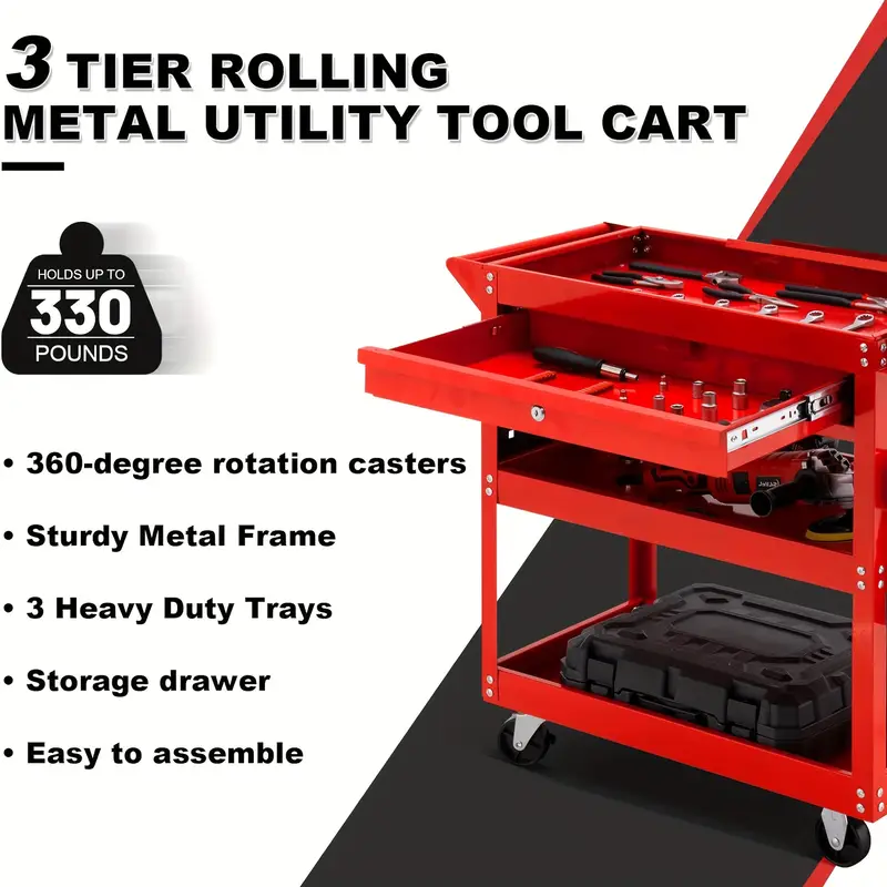 3 tier rolling tool cart 330 lbs capacity heavy duty utility cart industrial   tool cart tool organizer with wheels storage drawer design for garage warehouse   details 0