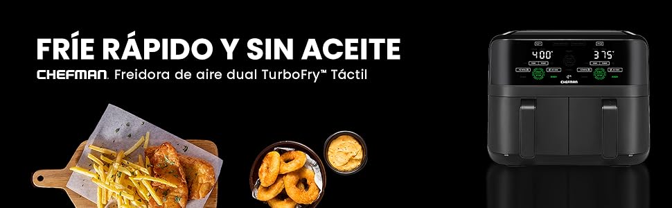 Chefman, freidora doble para comida saludable, crujiente, pollo, carne, pescado, doble cesta,