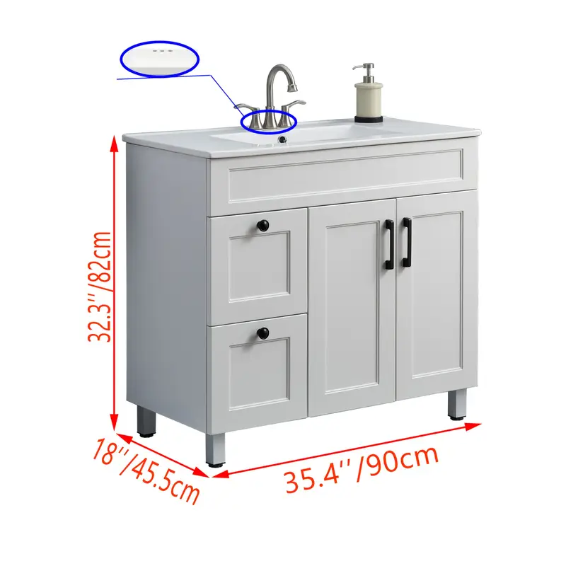 36 bathroom vanity with sink combo white bathroom vanity cabine with ceramic sink freestanding   countertop metal handles 2 bathroom drawers 2 soft closing doors white details 4