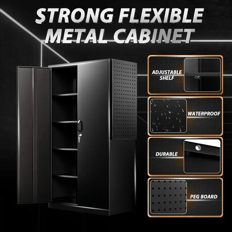 Armario de Almacenamiento de Acero   Resistencia para Garaje con Puertas con Cerradura y Portaherramientas Lateral - 71H x 31.5W x 11.8D, Estilo  , Organizador de Pie para Herramientas y Equipo, Ideal para   en Casa, Almacén, Sótano detalles 3