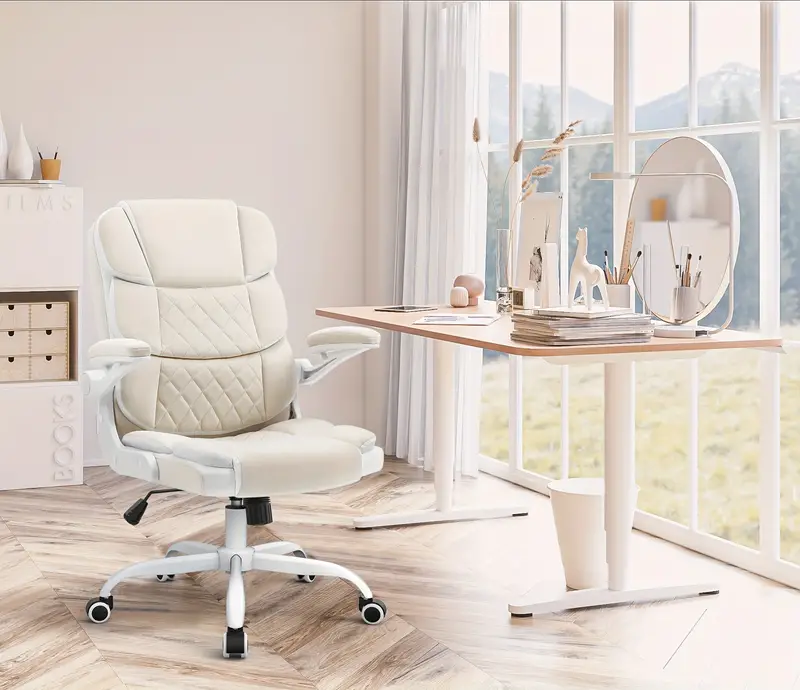 Silla de Ergonómica de Terciopelo Beige con Soporte Lumbar, Apoyabrazos Ajustables y Base - Silla de Escritorio Ejecutiva Cómoda para el Hogar, Estudio o Dormitorio detalles 5