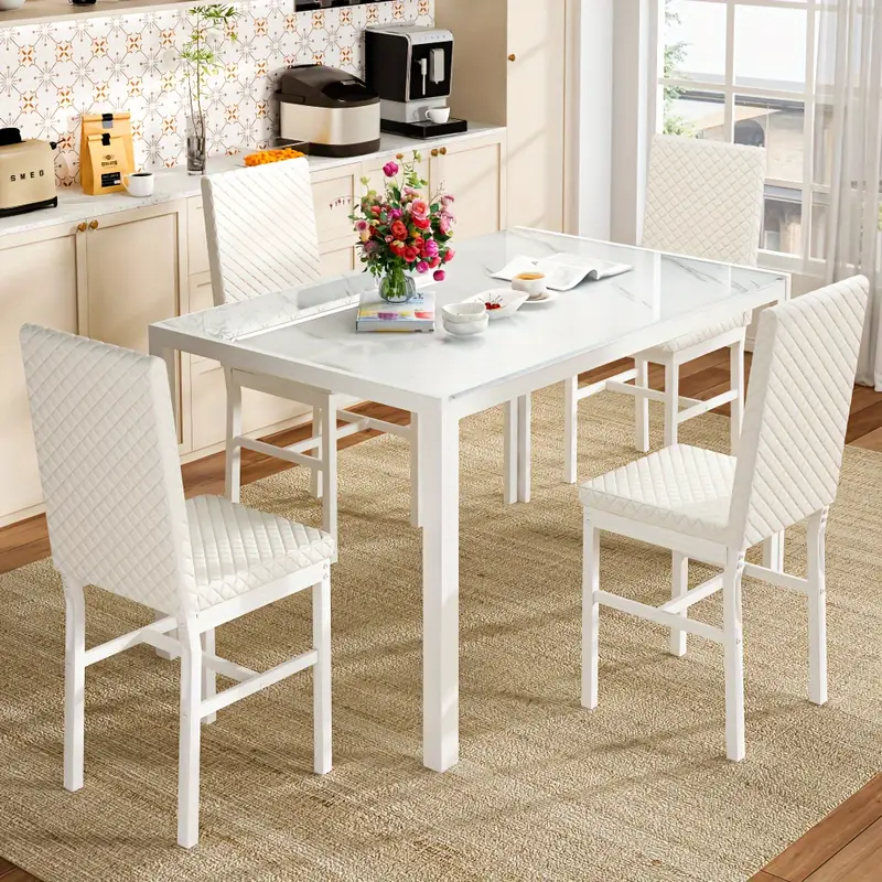 Conjunto de mesa de comedor de 5 piezas de estilo moderno y  , conjunto de   de 5 piezas con tapa de vidrio templado, marco de metal y sillas de comedor tapizadas en cuero sintético, conjunto de mesa de comedor para desayunar   de mostrador para 4 personas en espacios pequeños detalles 9
