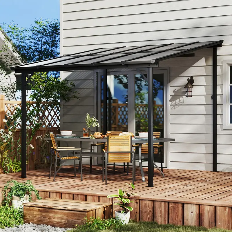 10 x 10 wall mounted gazebo outdoor pergola with sloped roof heavy duty patio awning for porch deck and backyard details 0