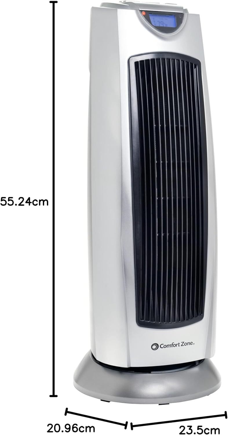 Comfort Zone CZ499R Calentador de torre de cerámica oscilante de 1500 W con control remoto, oscilación de 90 grados, termostato digital retroiluminado con visualización de temperatura, temporizador y sensor de sobrecalentamiento integrado